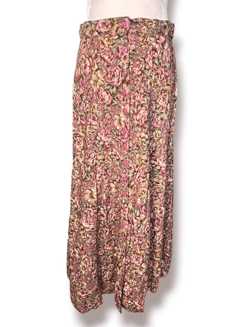 Vintage Floral Flowing Midi Skirt Pink Rose Print Button Front Cottage Romantic - Picture 1 of 11